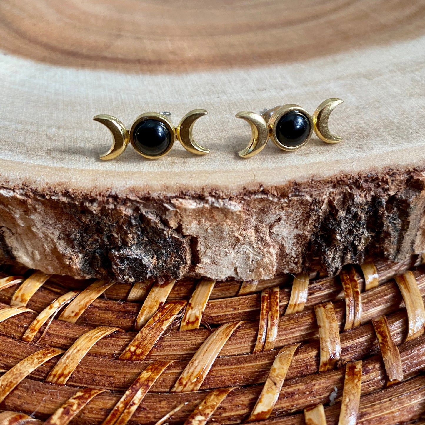 Black Onyx Triple Moon Stud Earrings