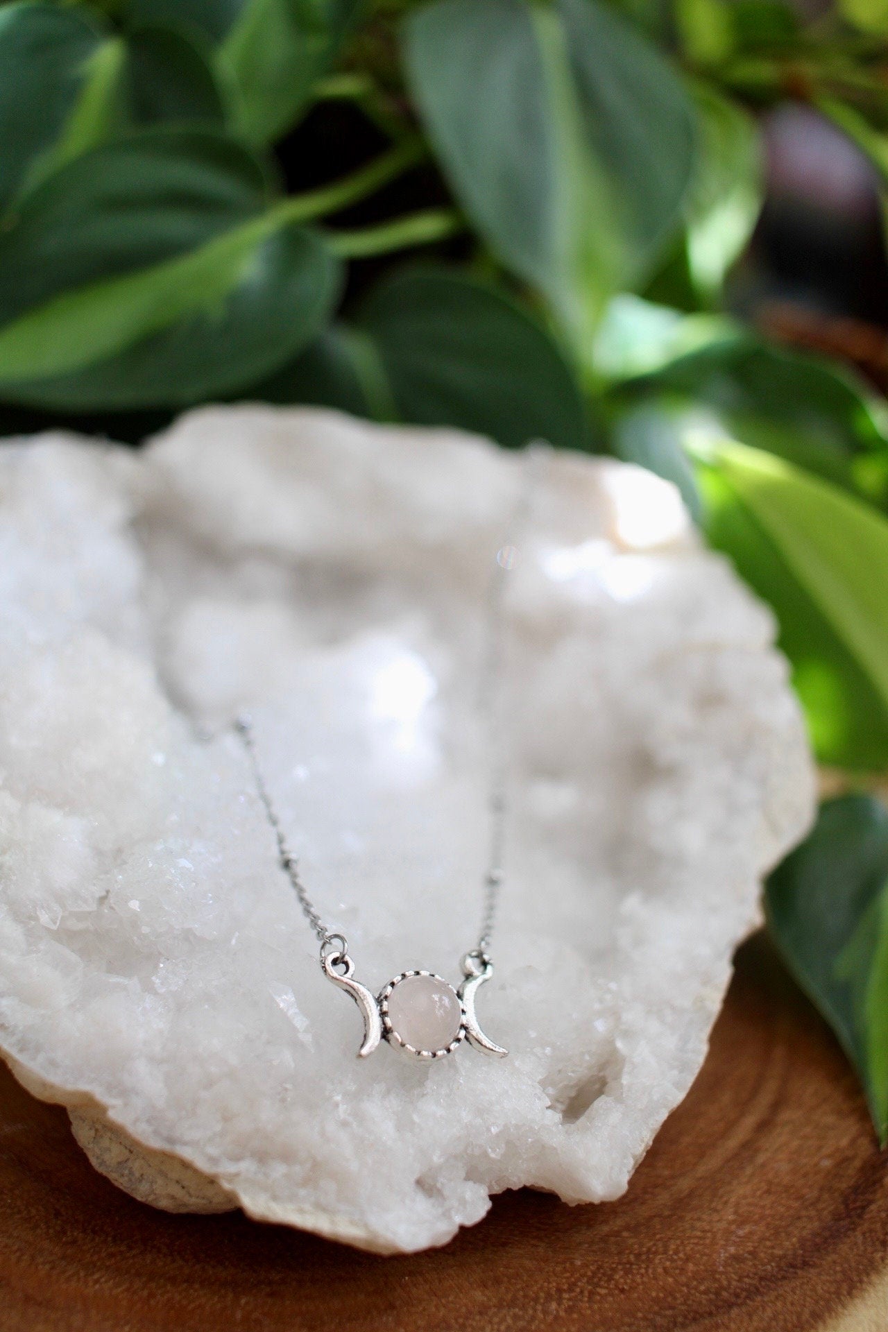 Dainty Rose Quartz Triple Moon Necklace