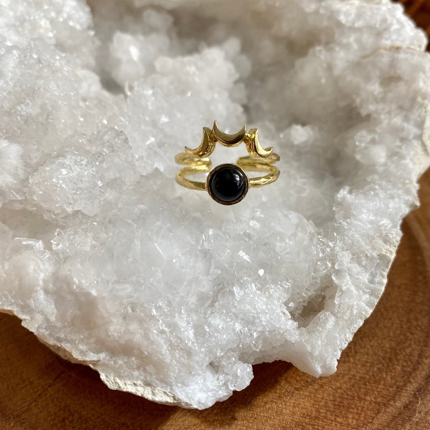 Black Onyx Brass Moon Ring