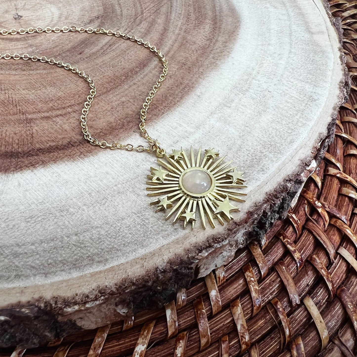 Rose Quartz Sun and Stars Celestial Necklace