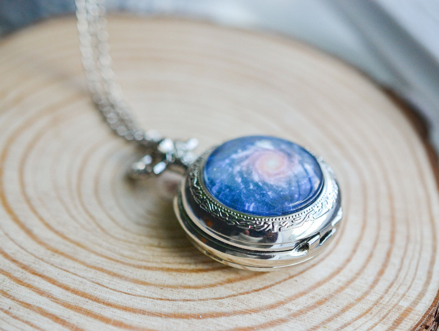 Blue Spiral Galaxy Pocket Watch Necklace