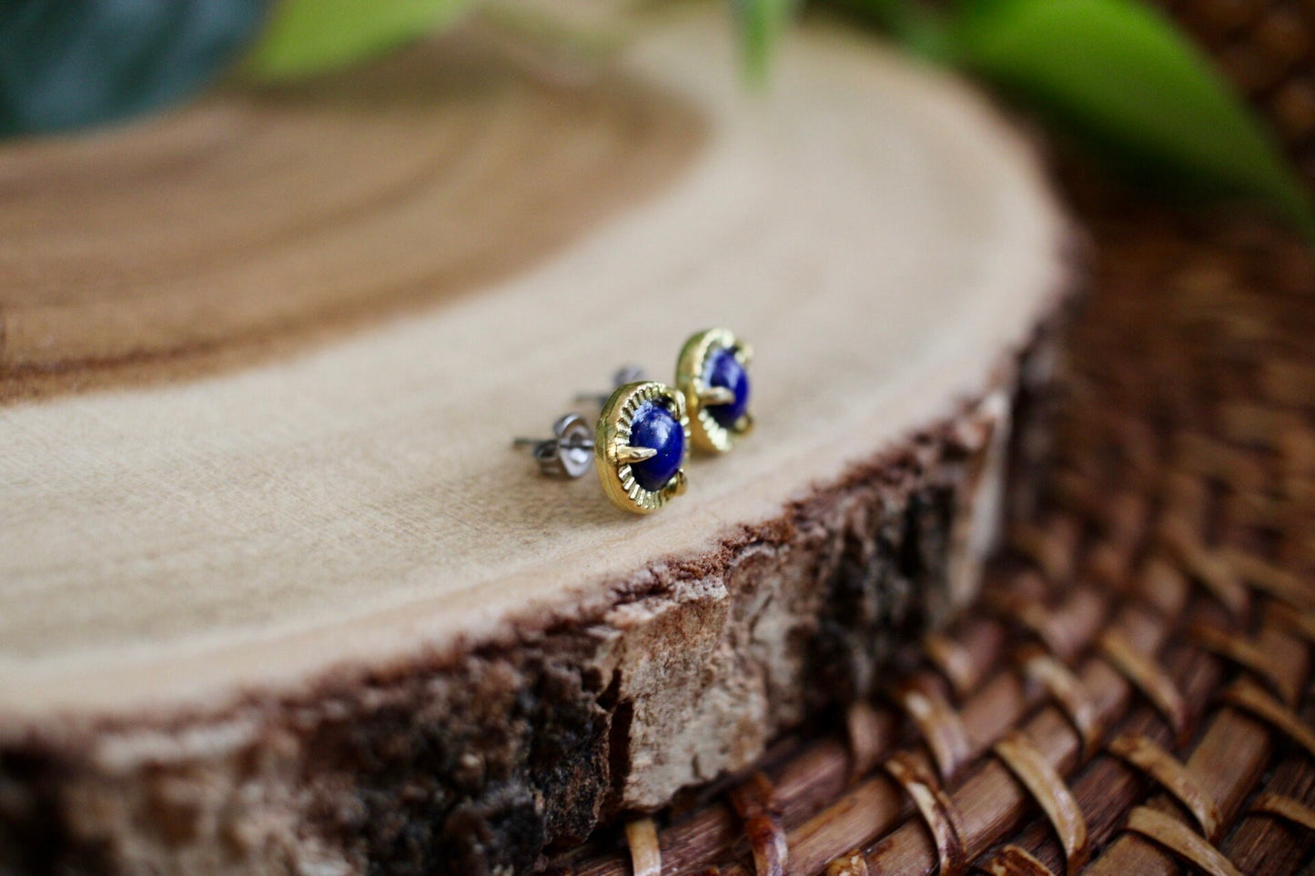 Dainty Brass Lapis Lazuli Earrings, Blue Gemstone Studs, Minimalist Jewelry