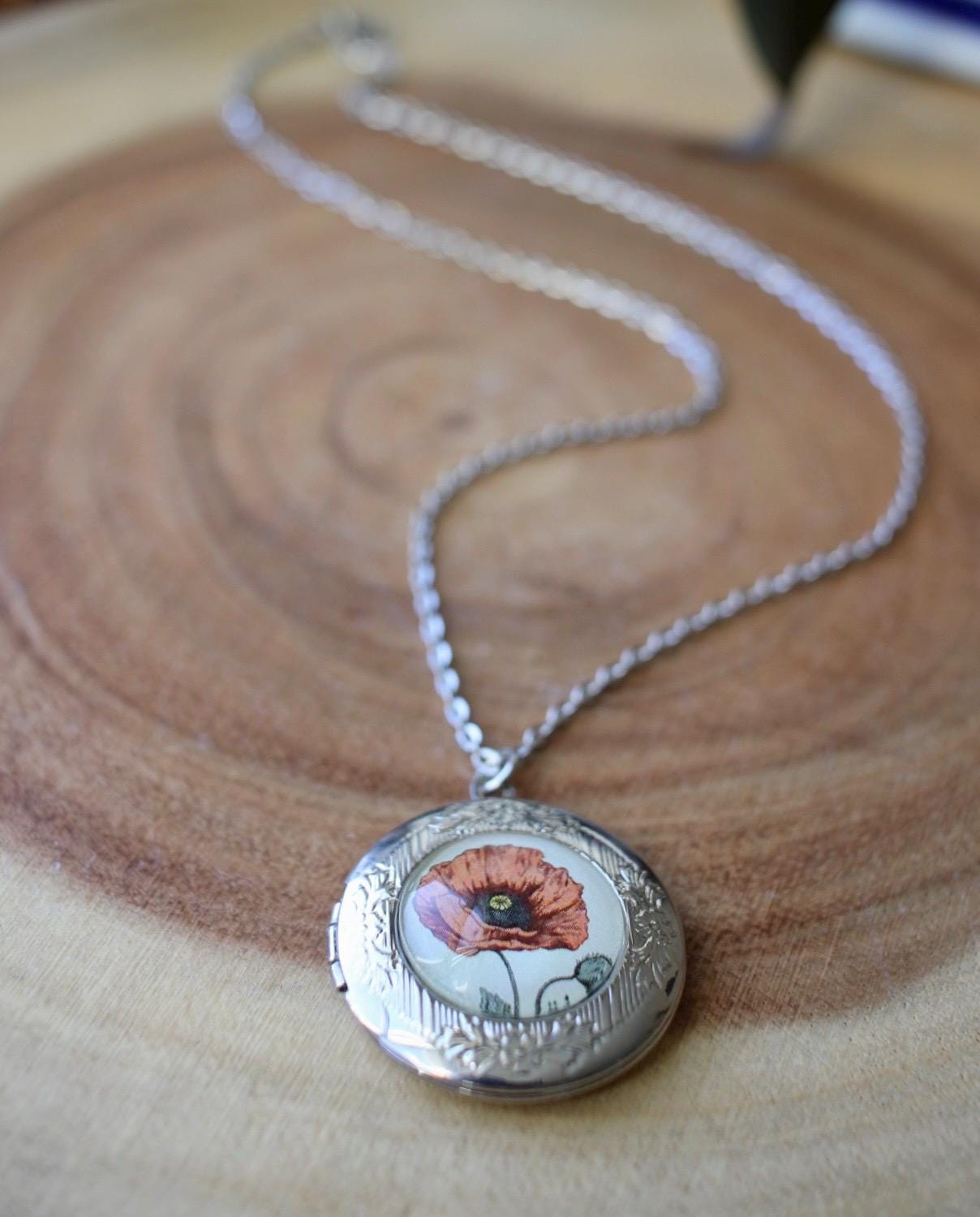 Poppy Flower Locket Necklace