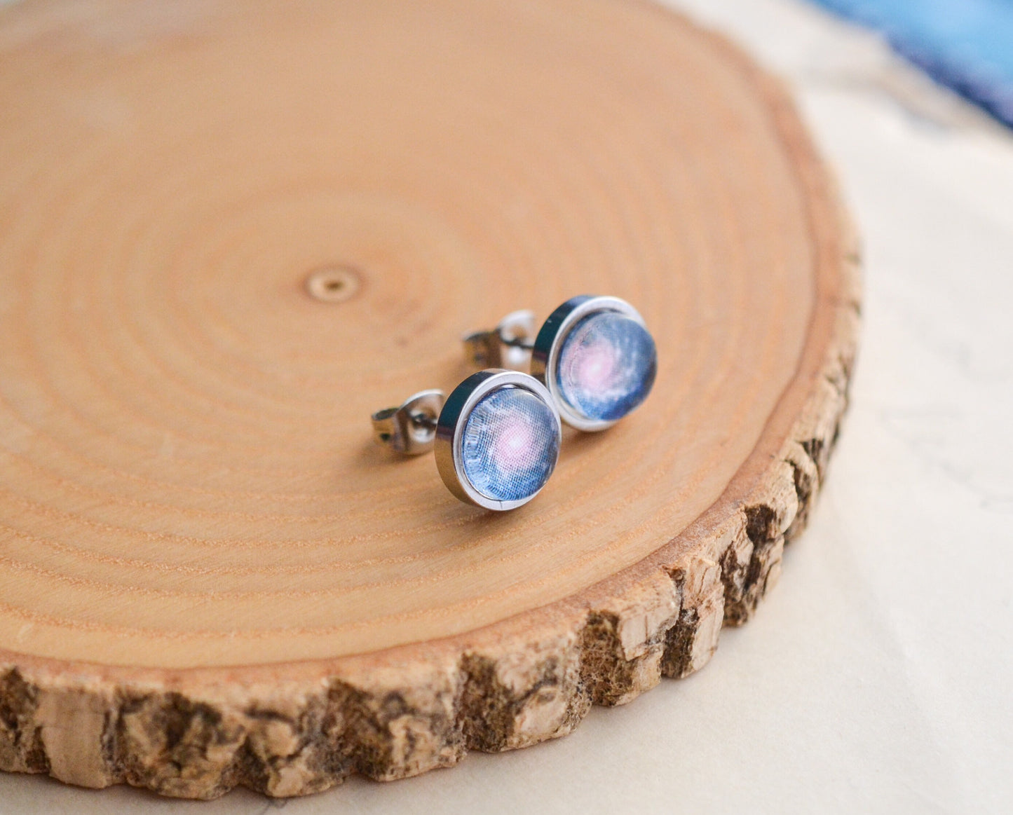 Dainty Blue Spiral Galaxy Stud Earrings