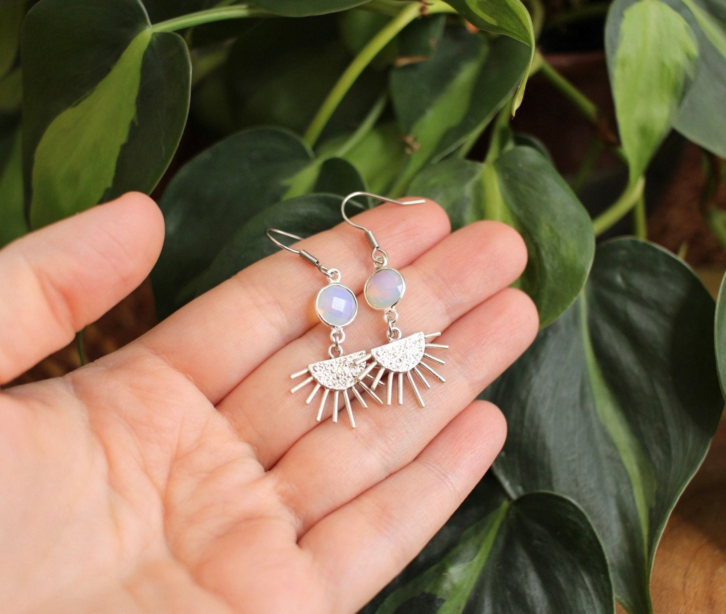 Opalite Silver Sun Dangle Earrings