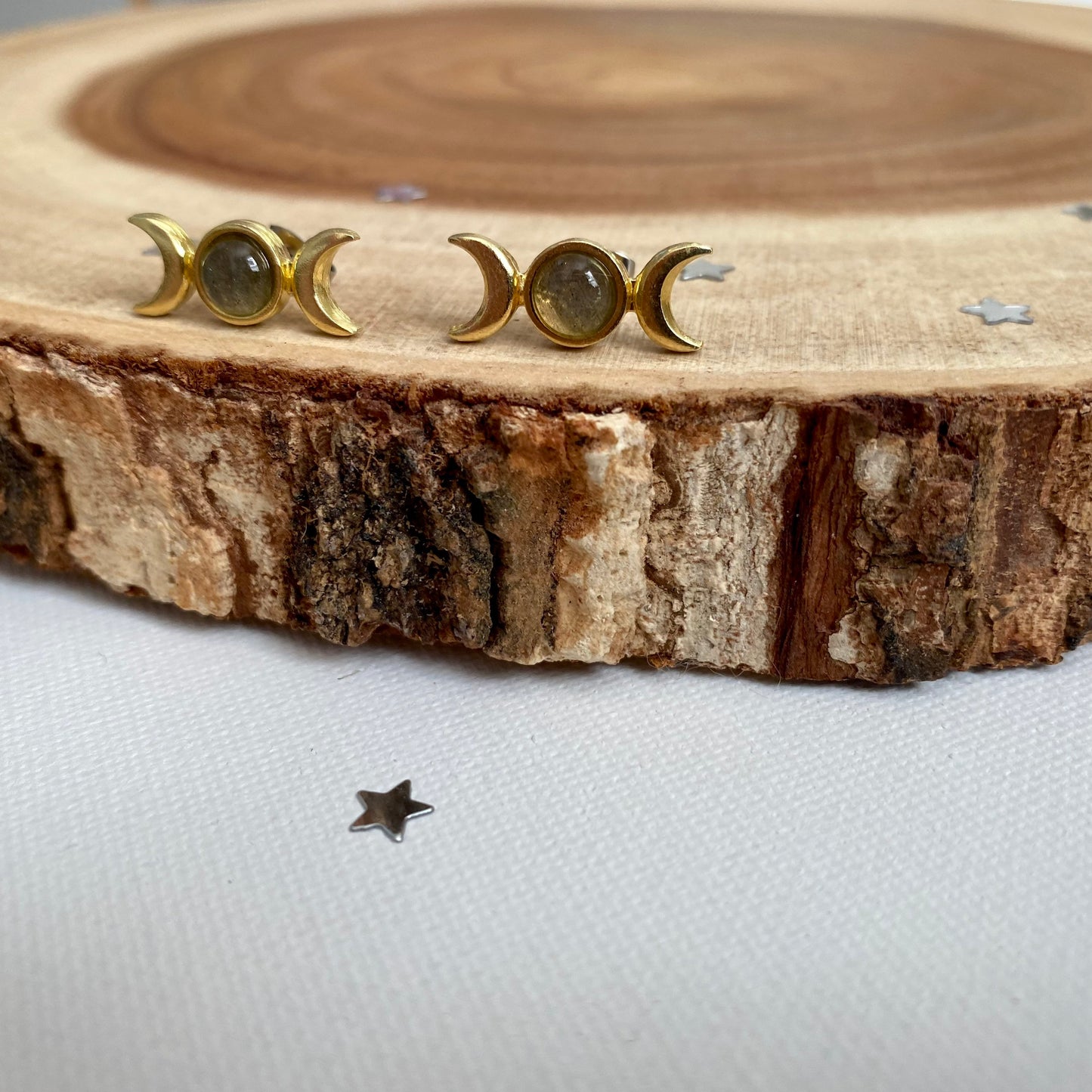 Labradorite Triple Moon Stud Earrings