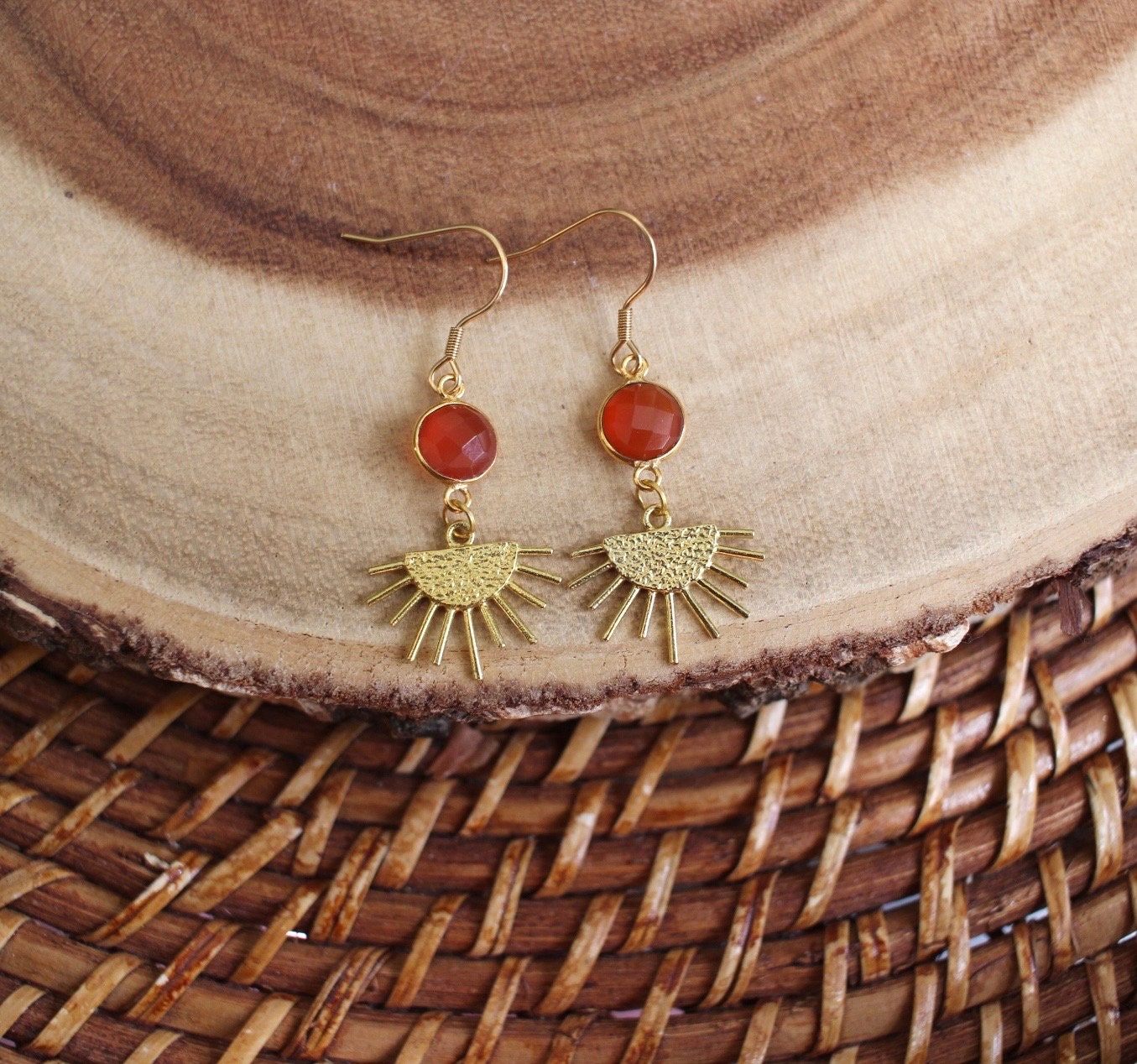Carnelian Gold Sun Dangle Earrings