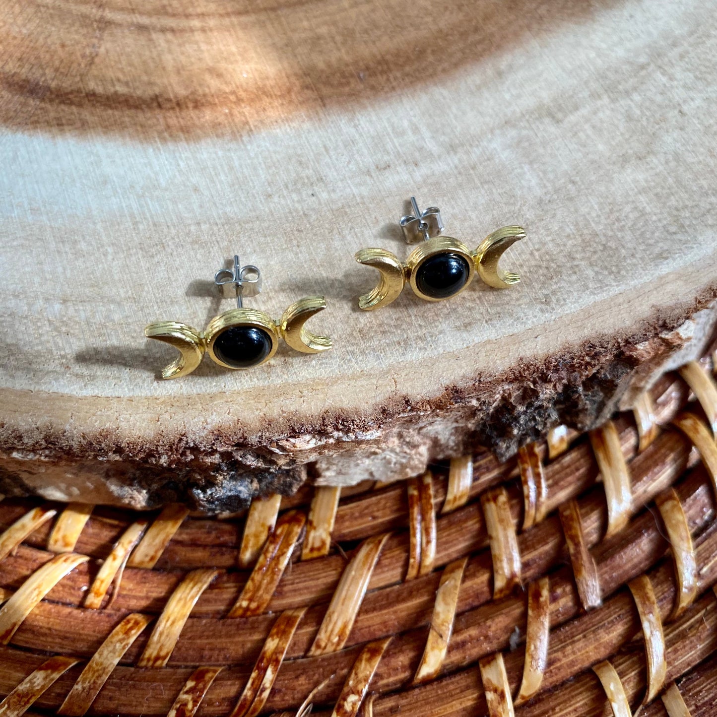 Black Onyx Triple Moon Stud Earrings