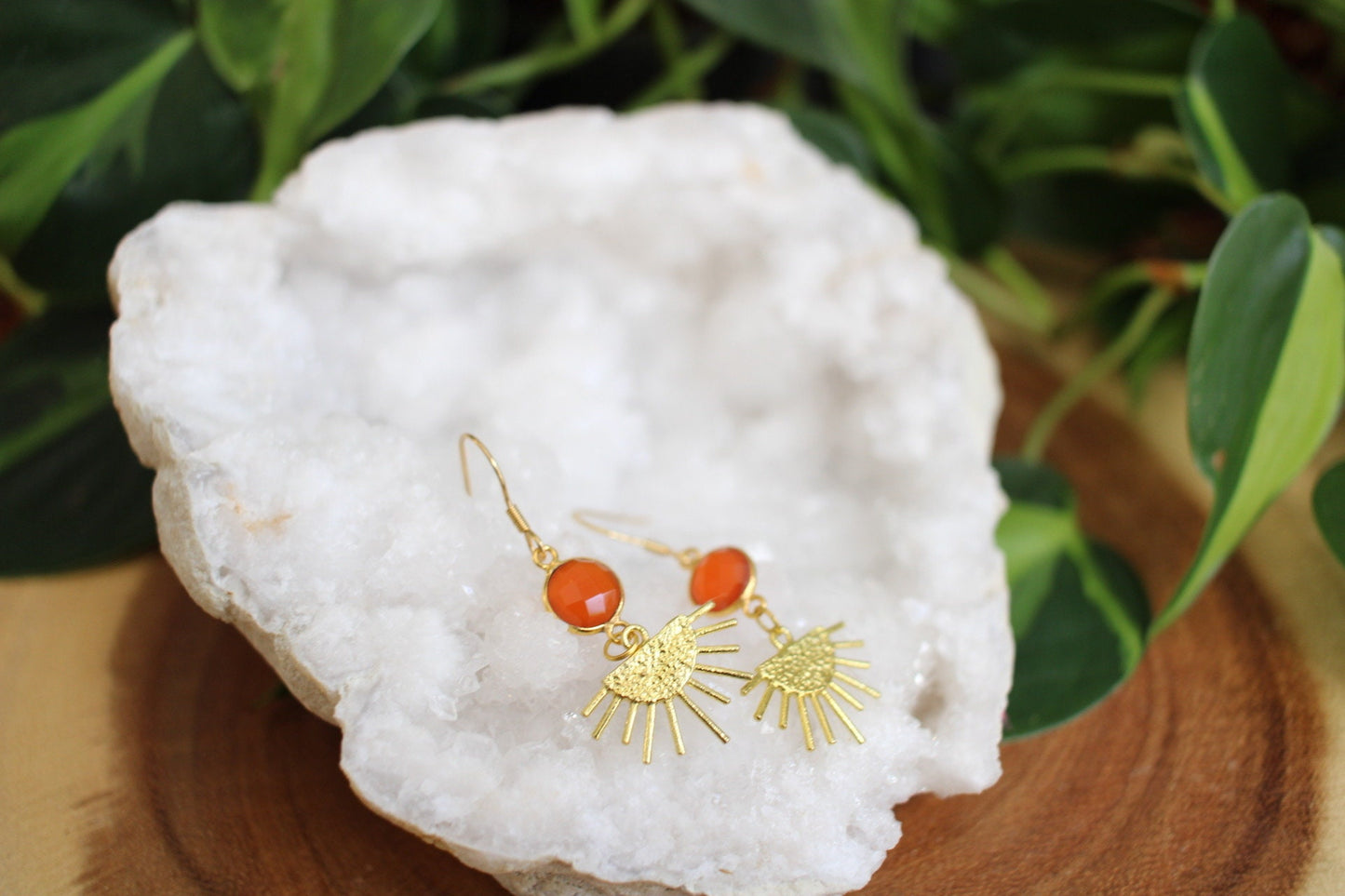 Carnelian Gold Sun Dangle Earrings