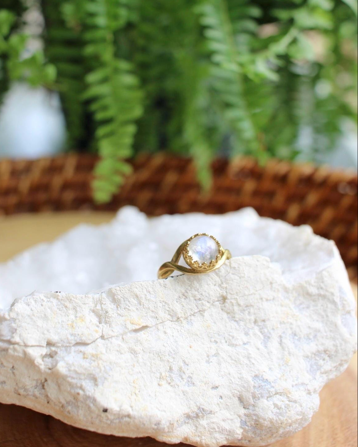 Gold ring with a stone on a white rock with green foliage in the background