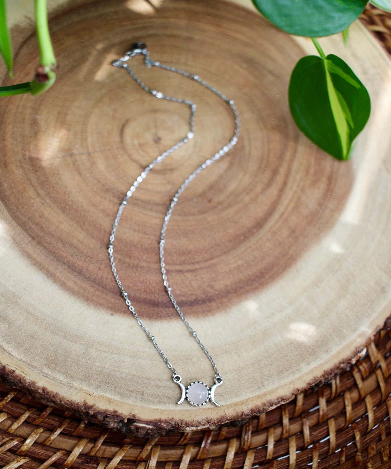 Dainty Rose Quartz Triple Moon Necklace