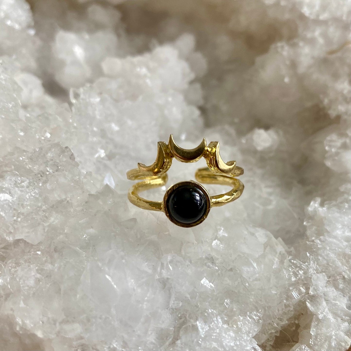 Black Onyx Brass Moon Ring