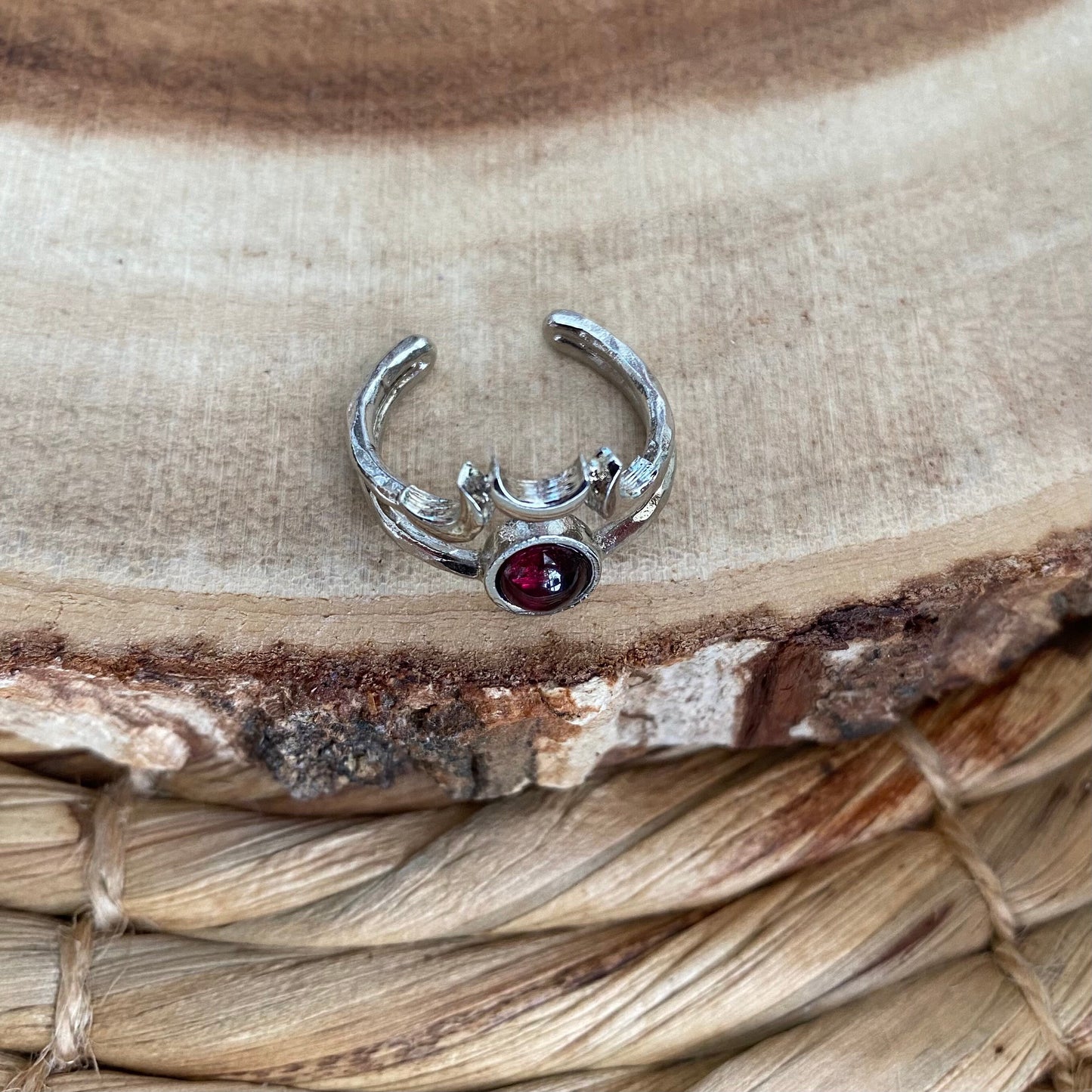 Garnet Silver Moon Adjustable Ring