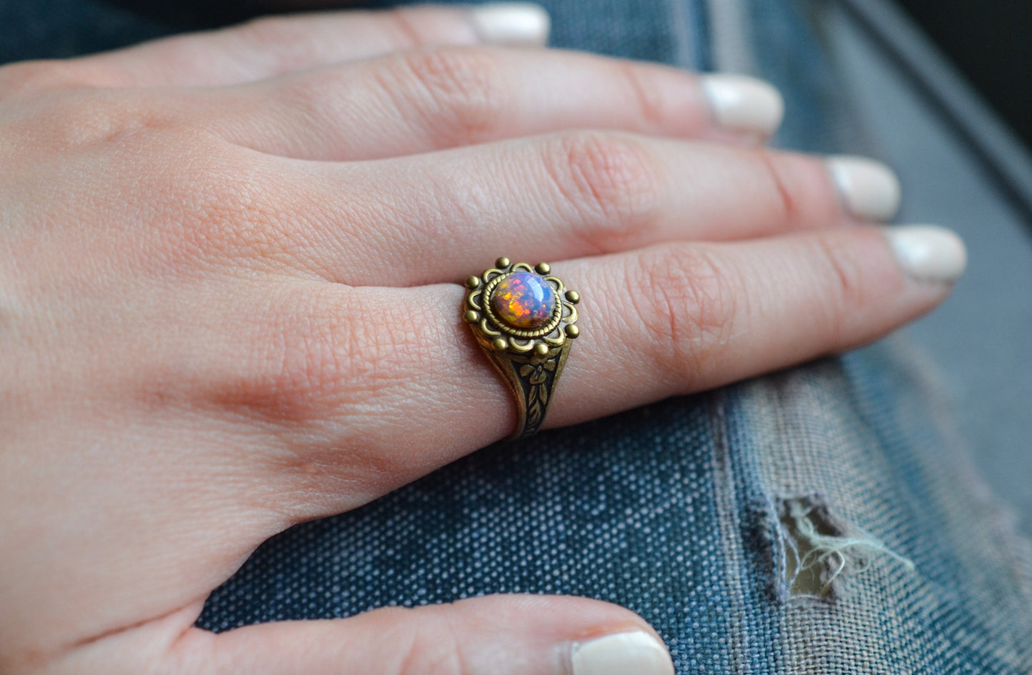 Pink Fire Opal Vintage Style Boho Ring