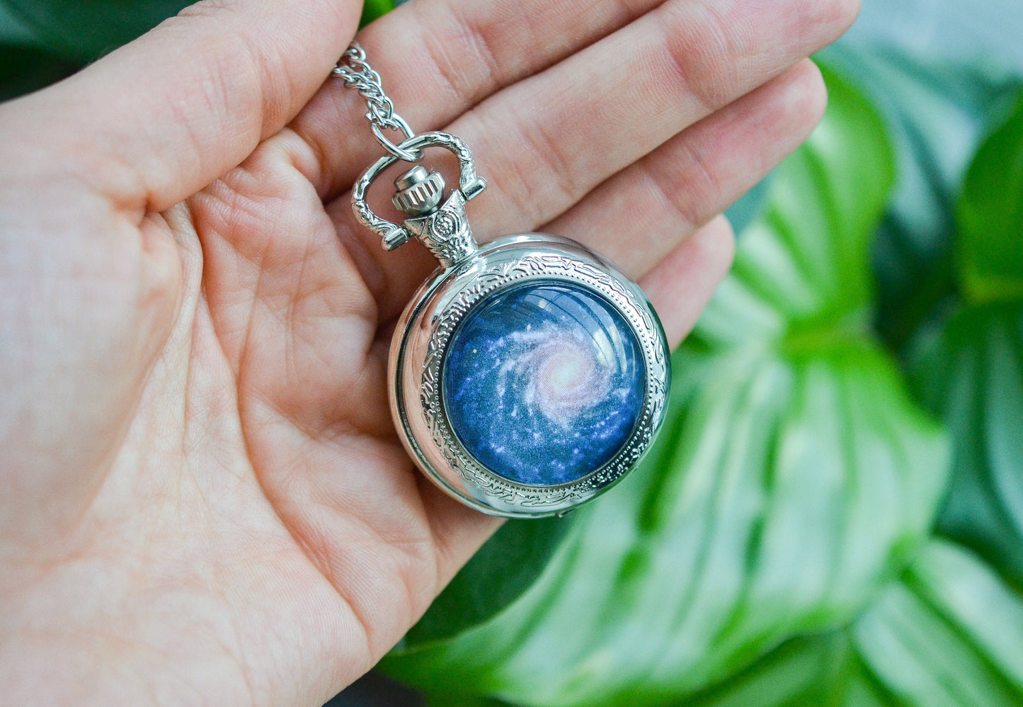 Blue Spiral Galaxy Pocket Watch Necklace