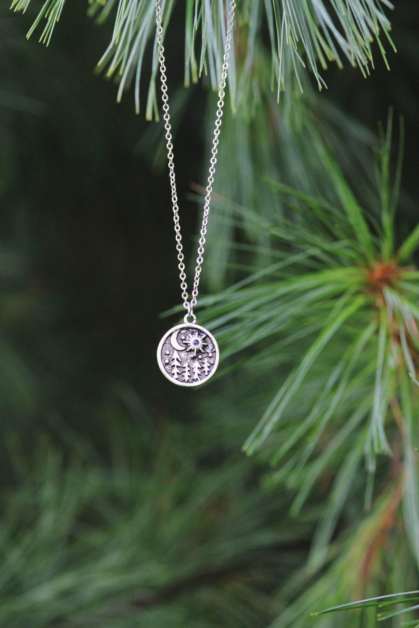 Pine Tree Sun and Moon Moonstone Necklace