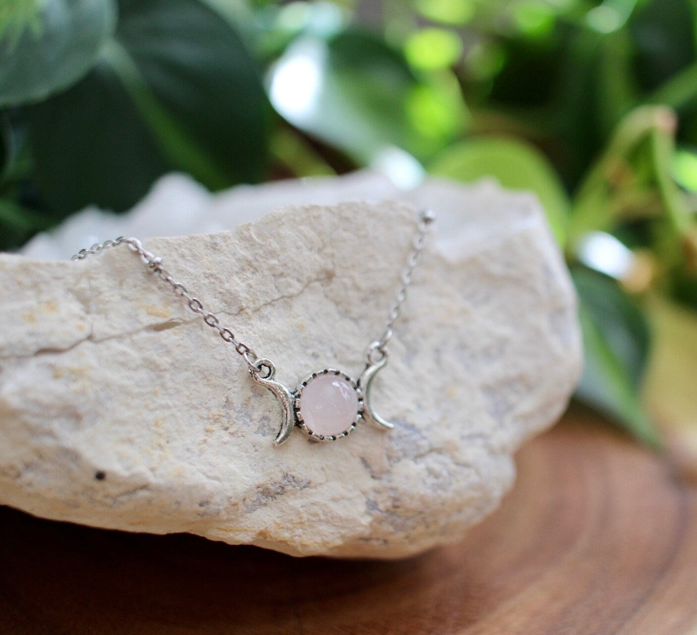 Dainty Rose Quartz Triple Moon Necklace