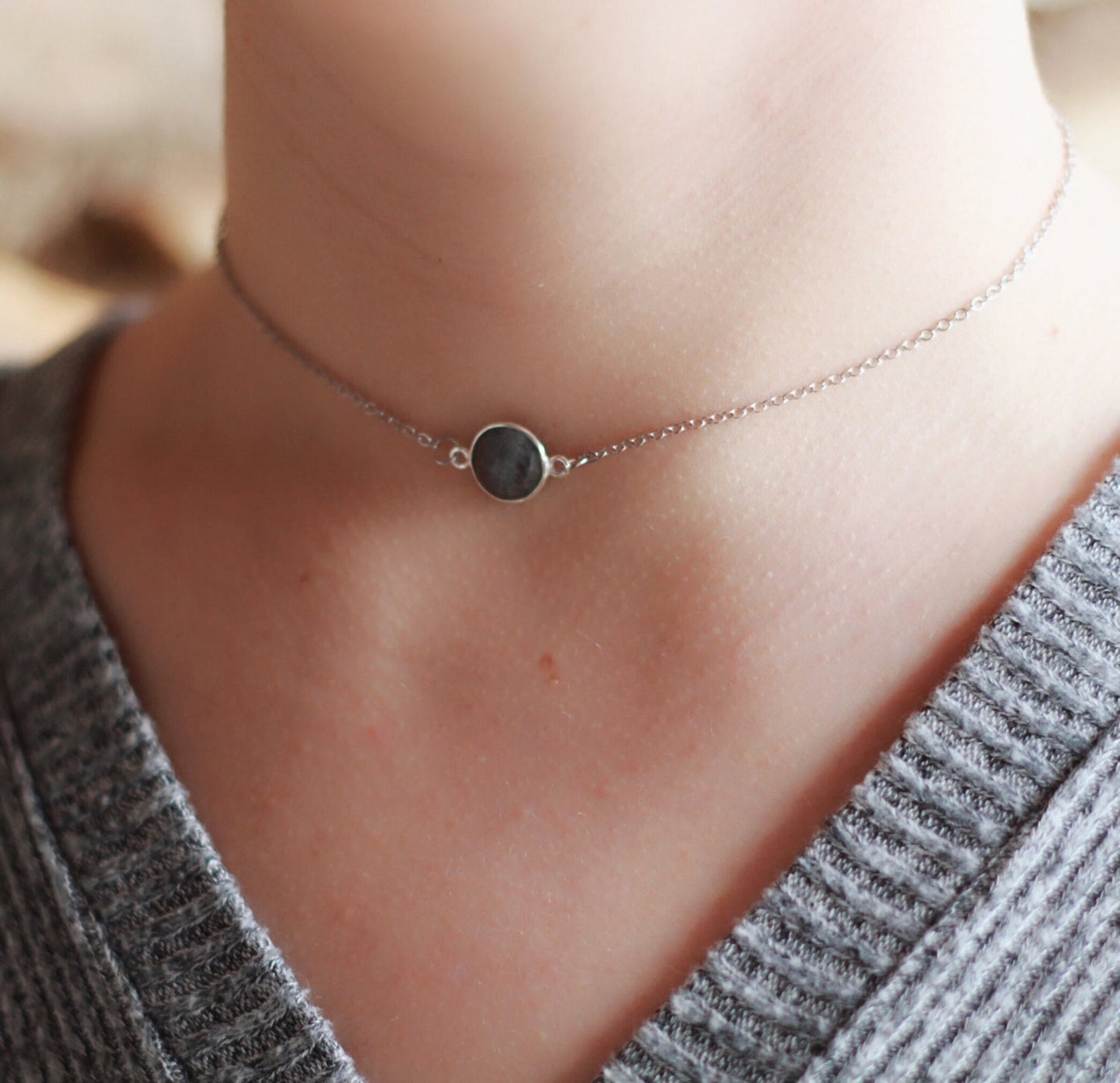 Dainty Labradorite Silver Choker Necklace
