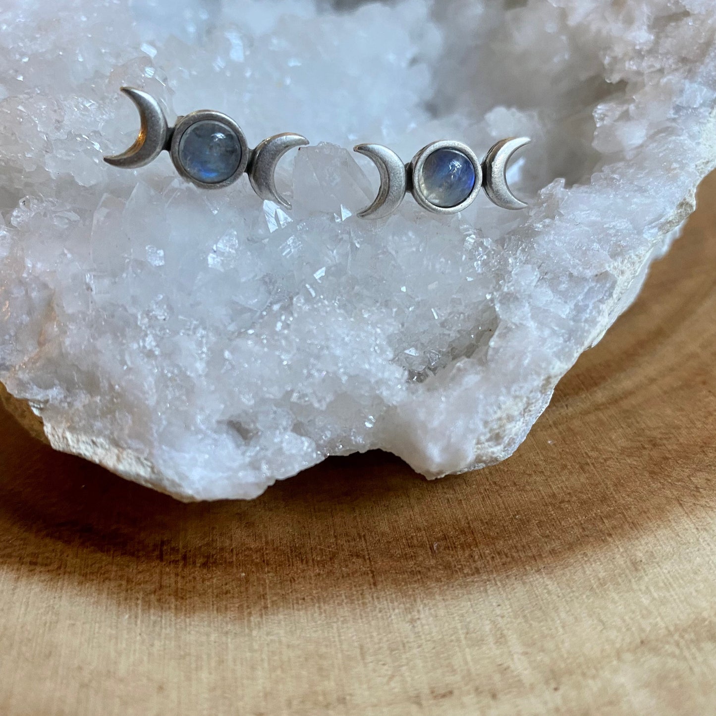 Moonstone Triple Moon Stud Earrings
