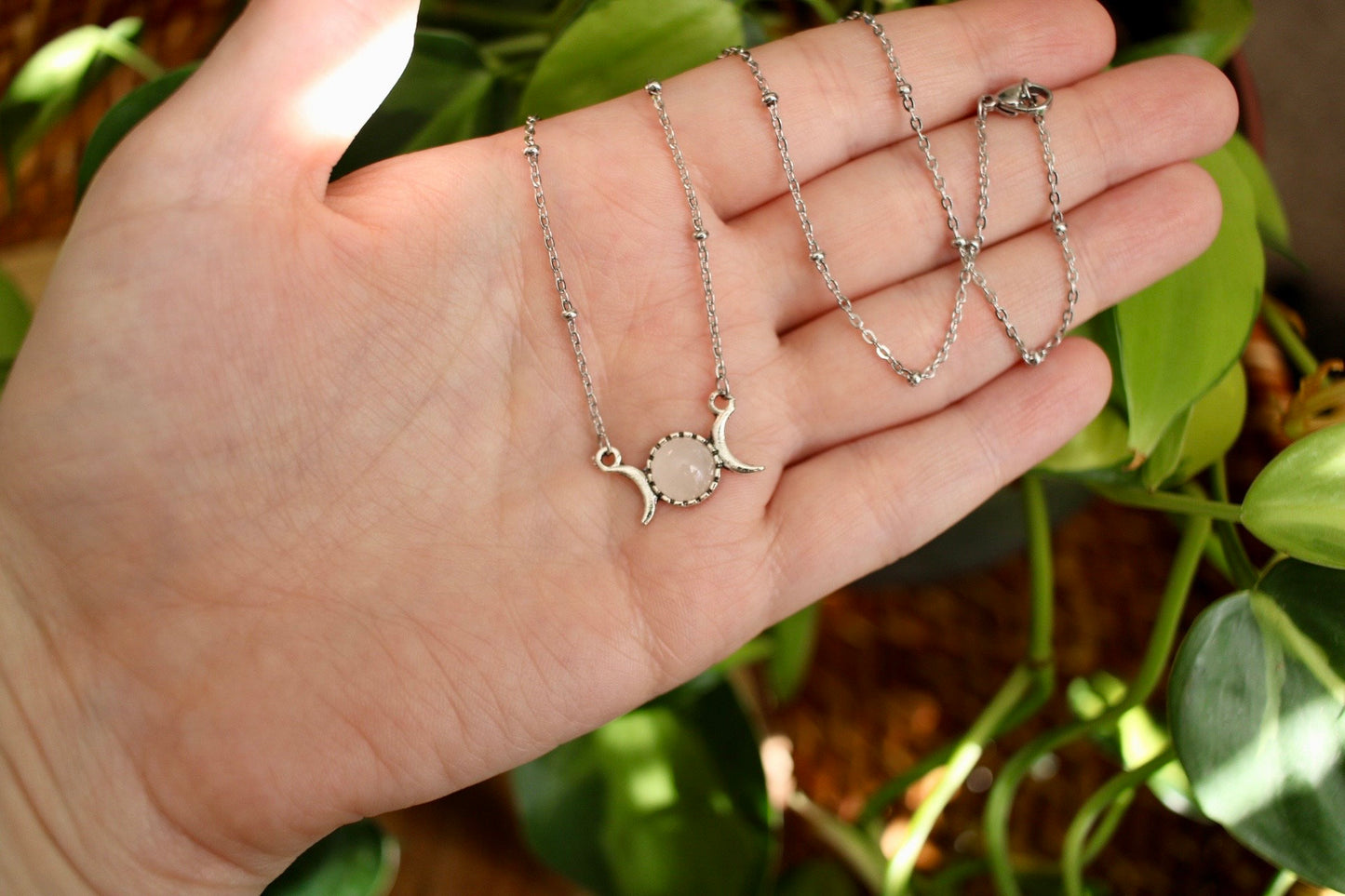 Dainty Rose Quartz Triple Moon Necklace