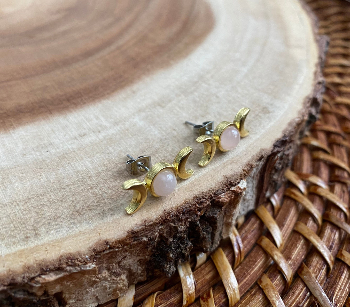 Rose Quartz Triple Moon Stud Earrings