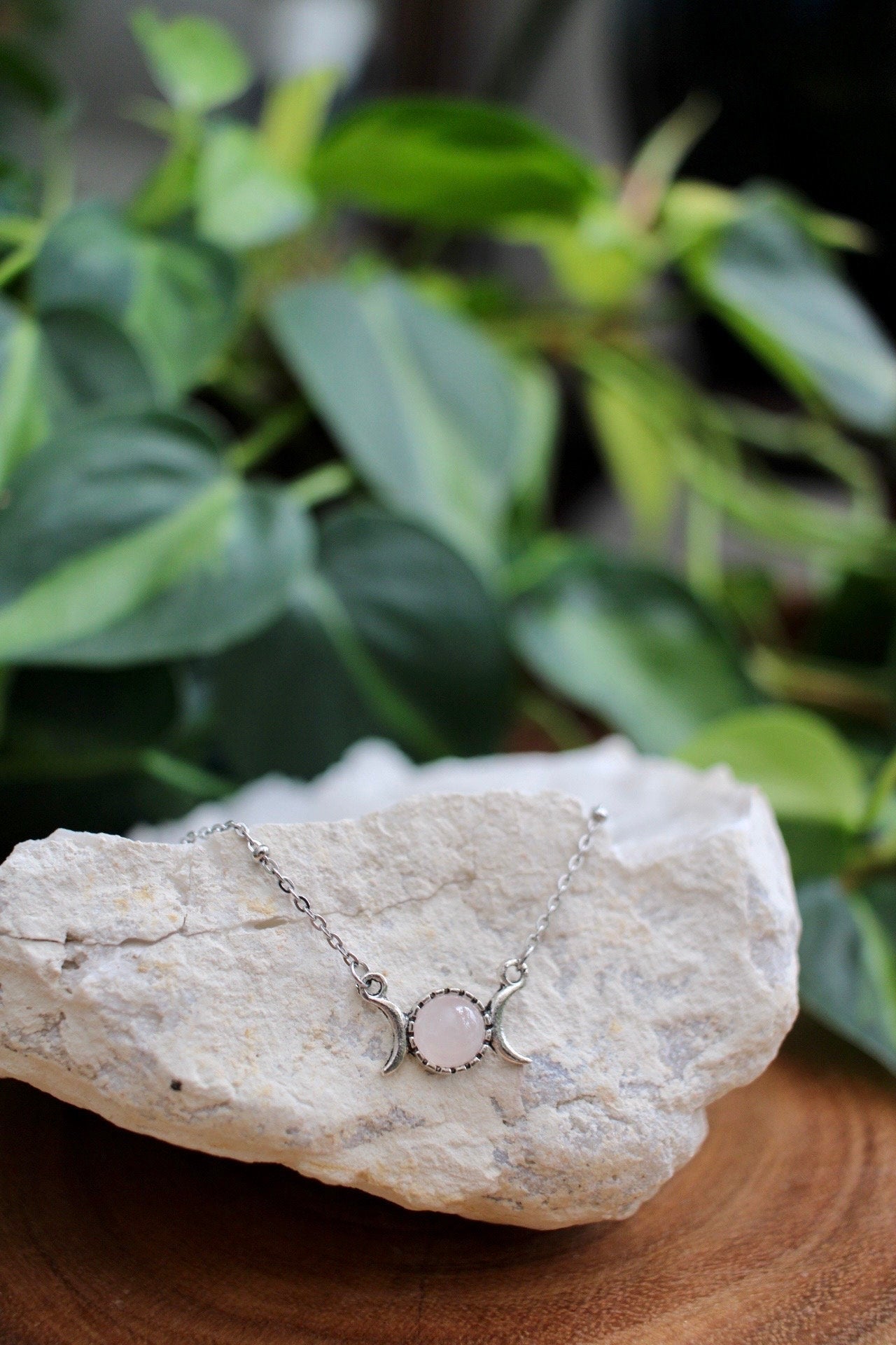 Dainty Rose Quartz Triple Moon Necklace