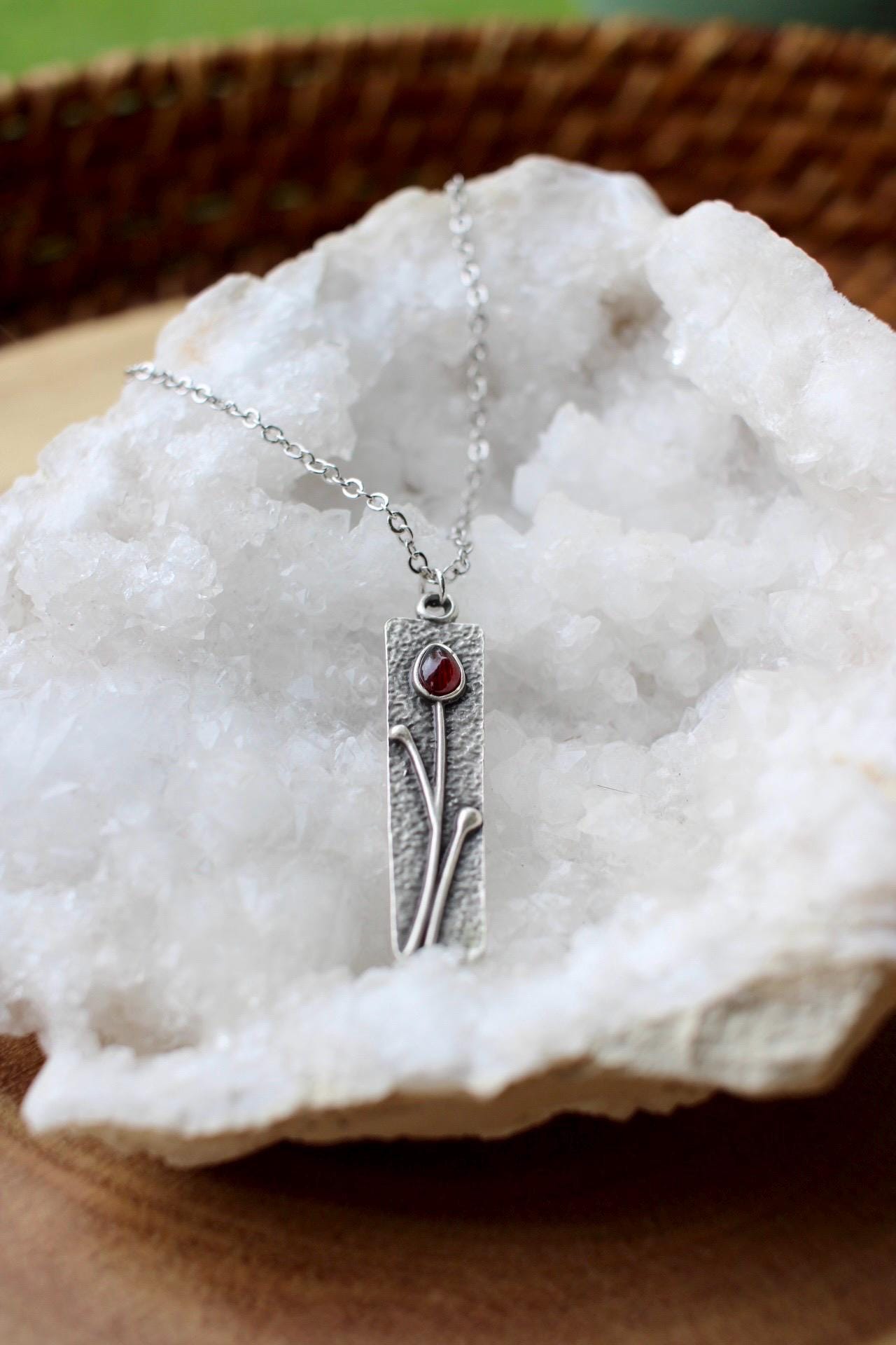 Silver Flower Garnet Necklace