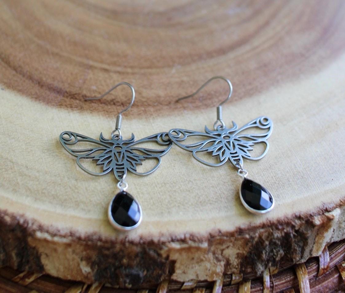 Black Onyx Moth Earrings