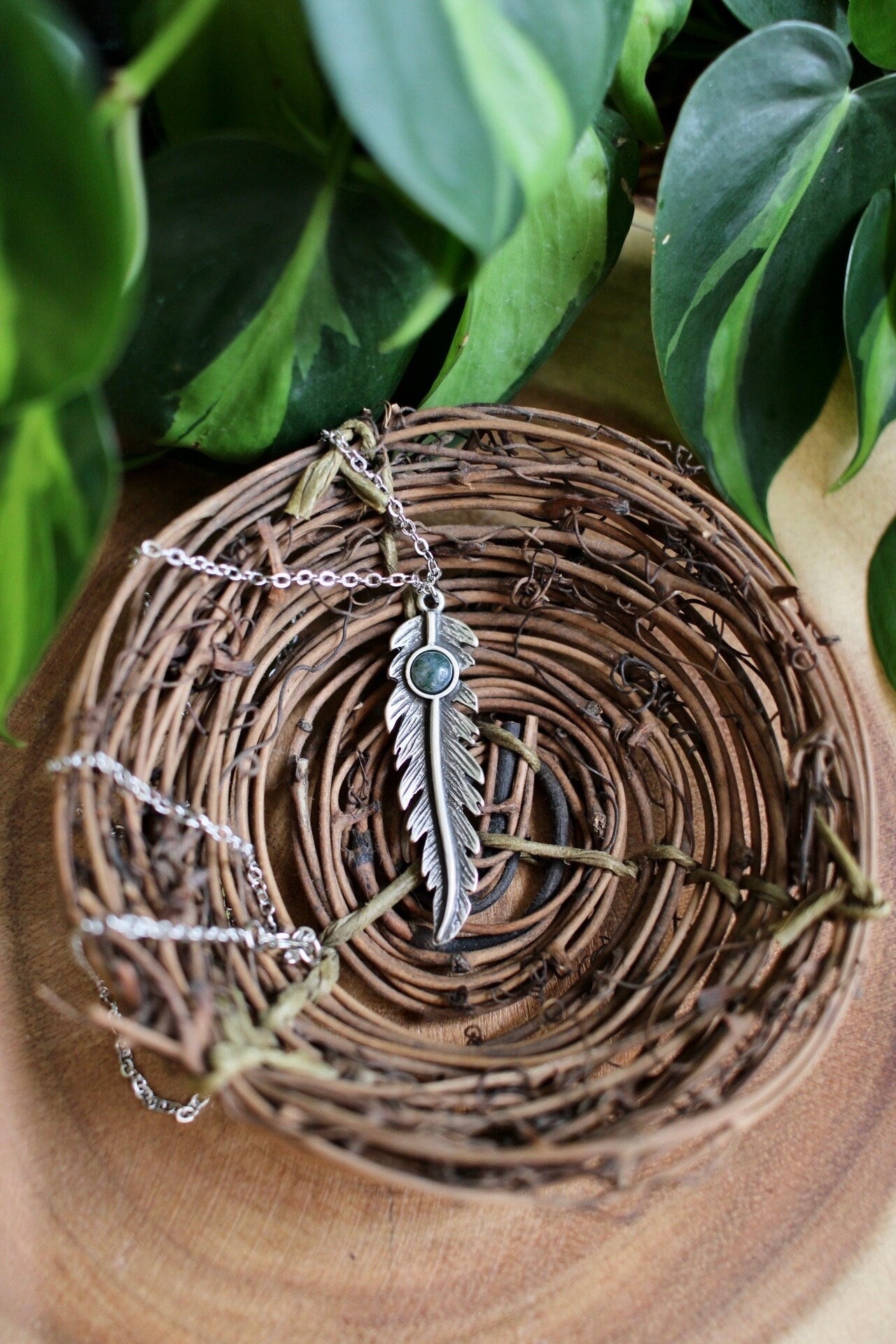 Moss Agate Feather Necklace