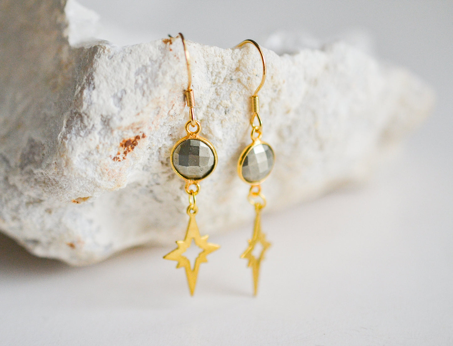 Gold Pyrite Star Dangle Earrings