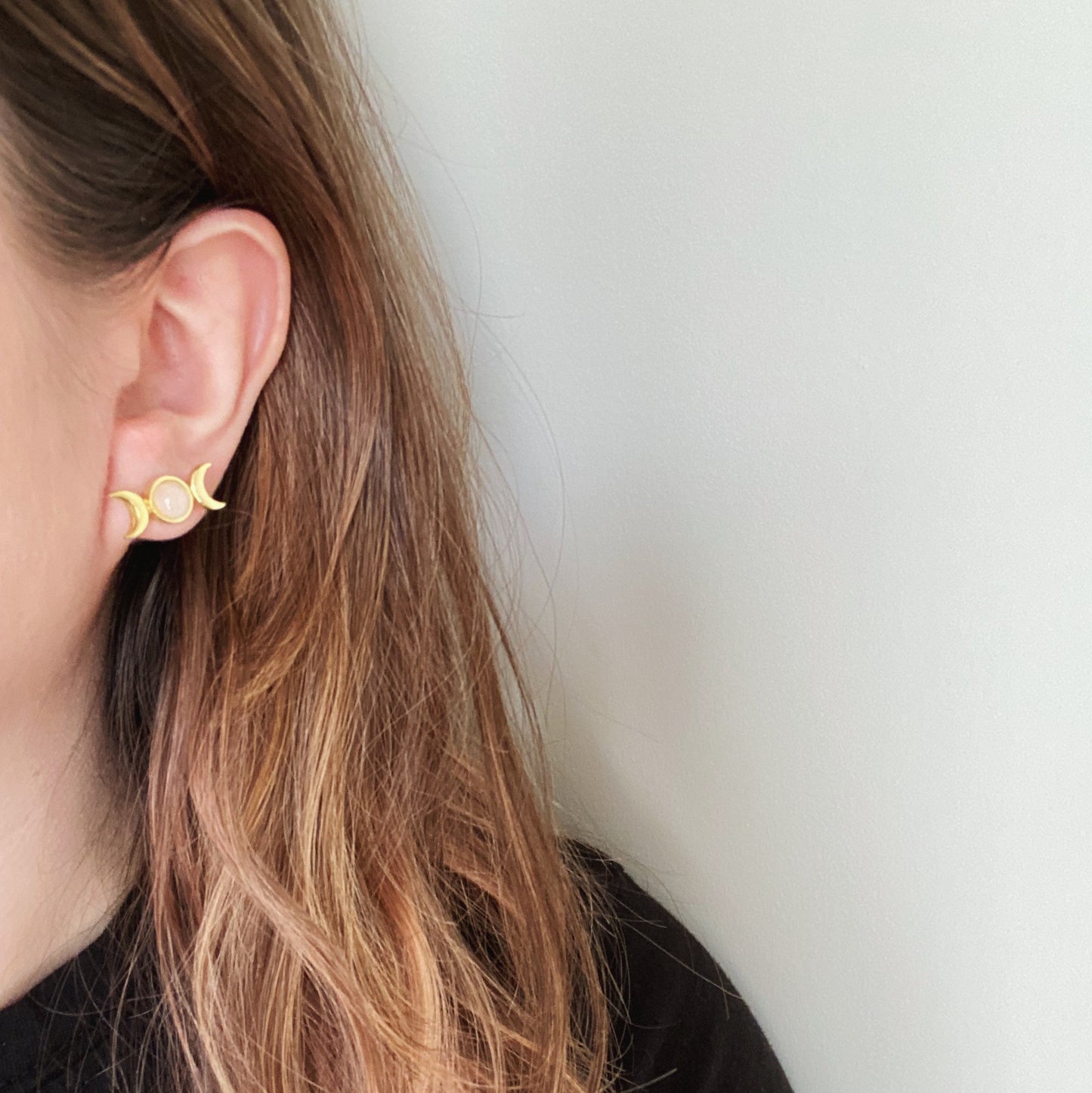 Rose Quartz Triple Moon Stud Earrings