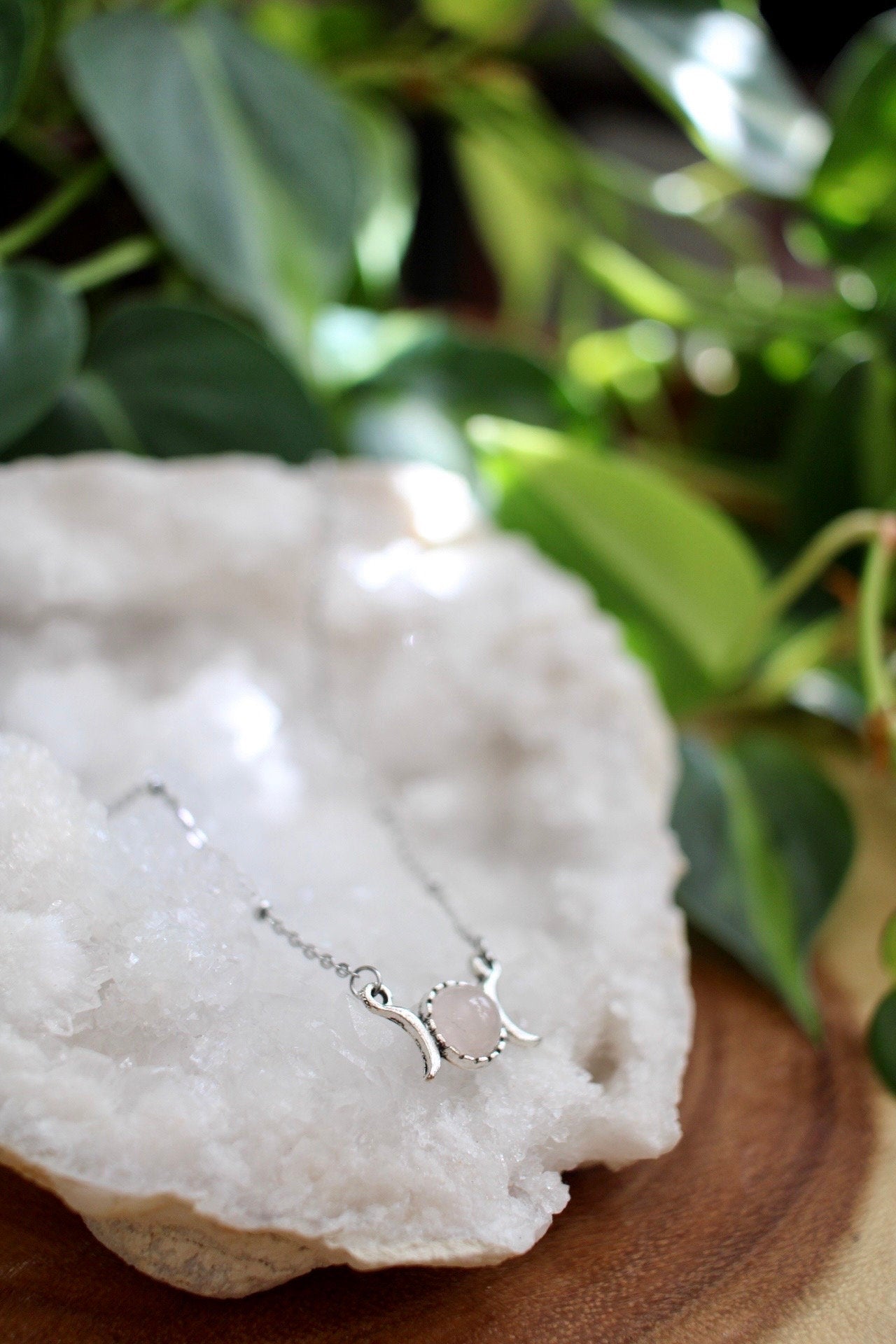 Dainty Rose Quartz Triple Moon Necklace
