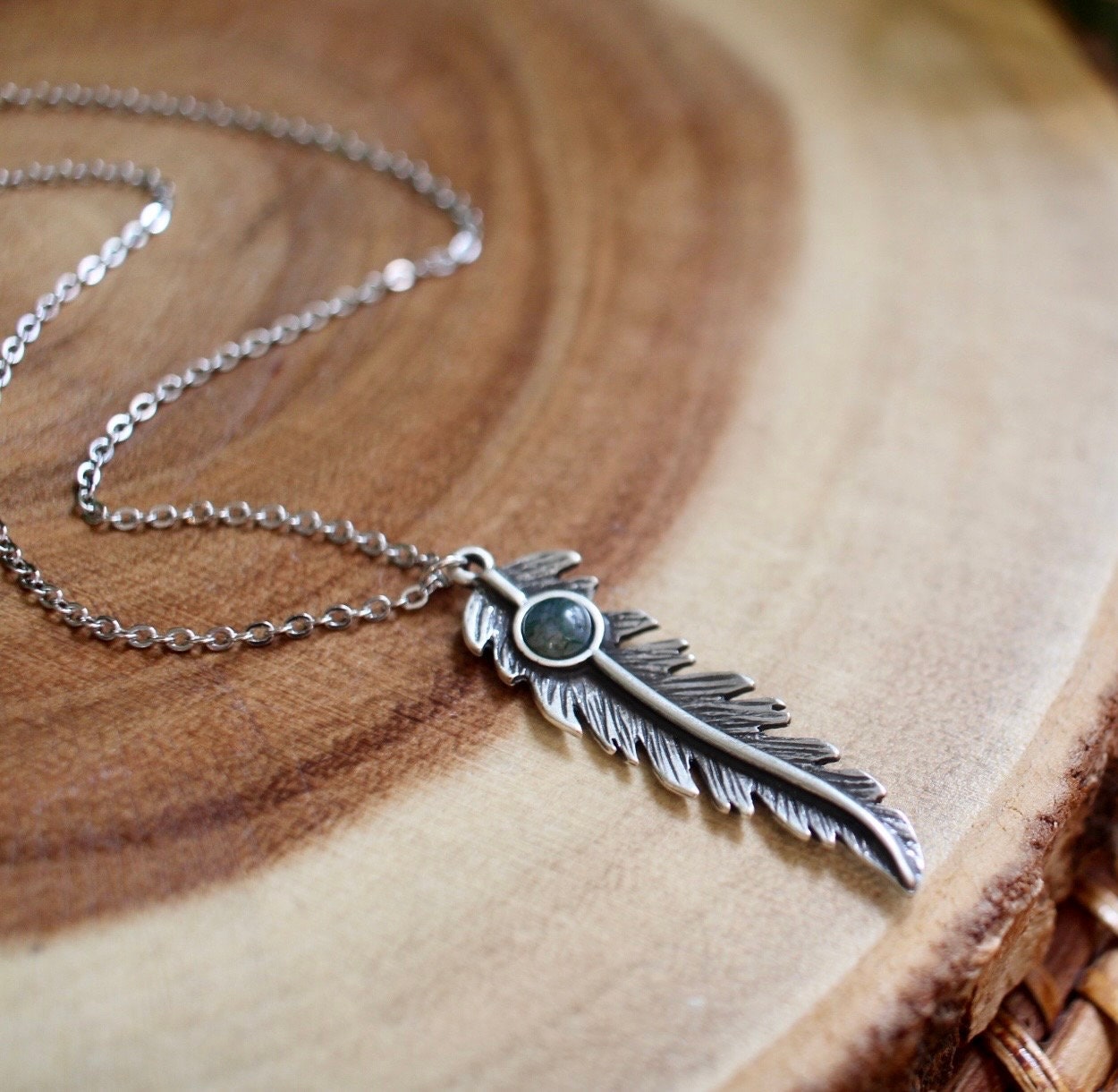 Moss Agate Feather Necklace