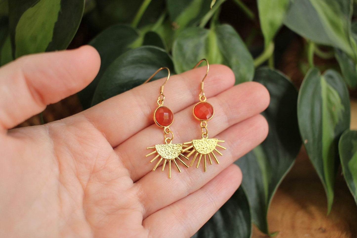 Carnelian Gold Sun Dangle Earrings