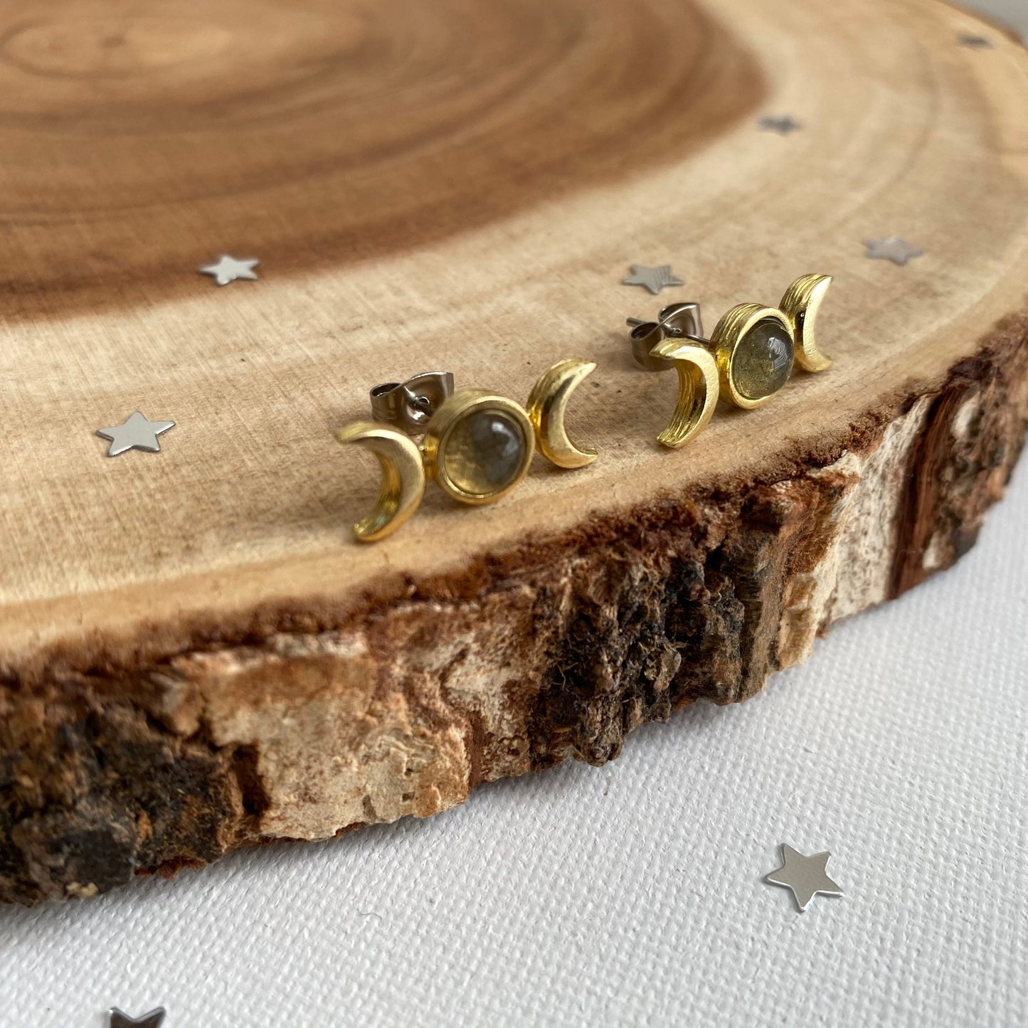 Labradorite Triple Moon Stud Earrings