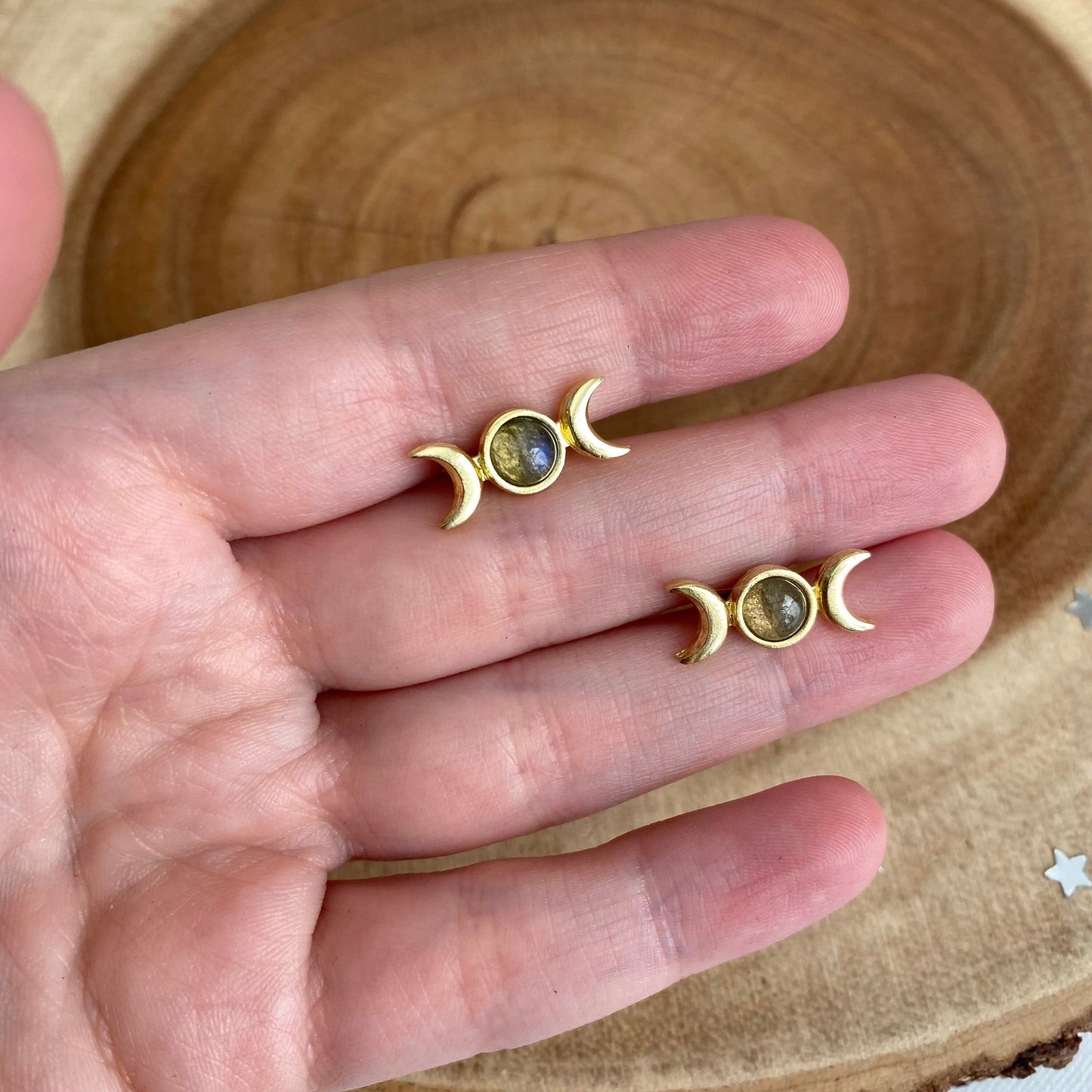 Labradorite Triple Moon Stud Earrings