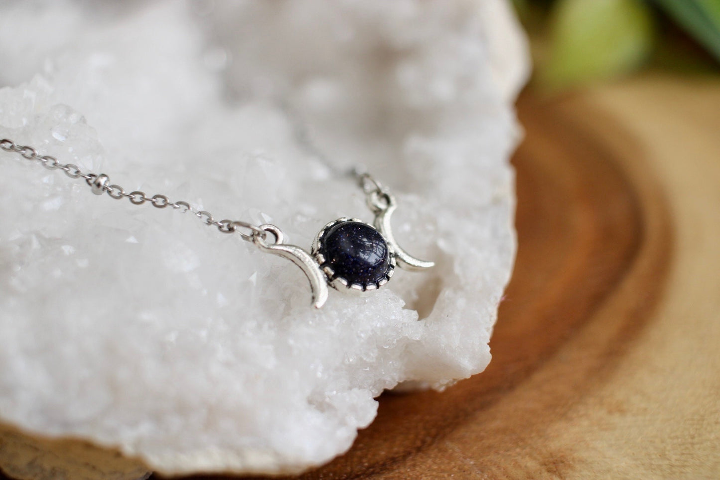 Dainty Triple Moon Blue Goldstone Necklace