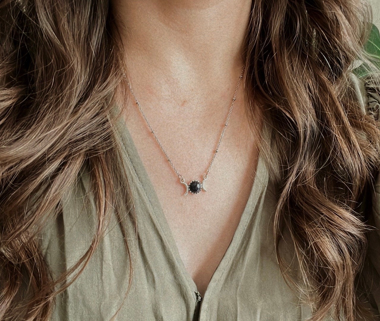 Dainty Triple Moon Blue Goldstone Necklace