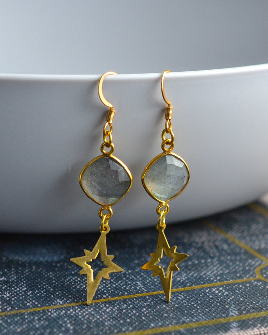 Gold earrings with gemstones on a textured surface