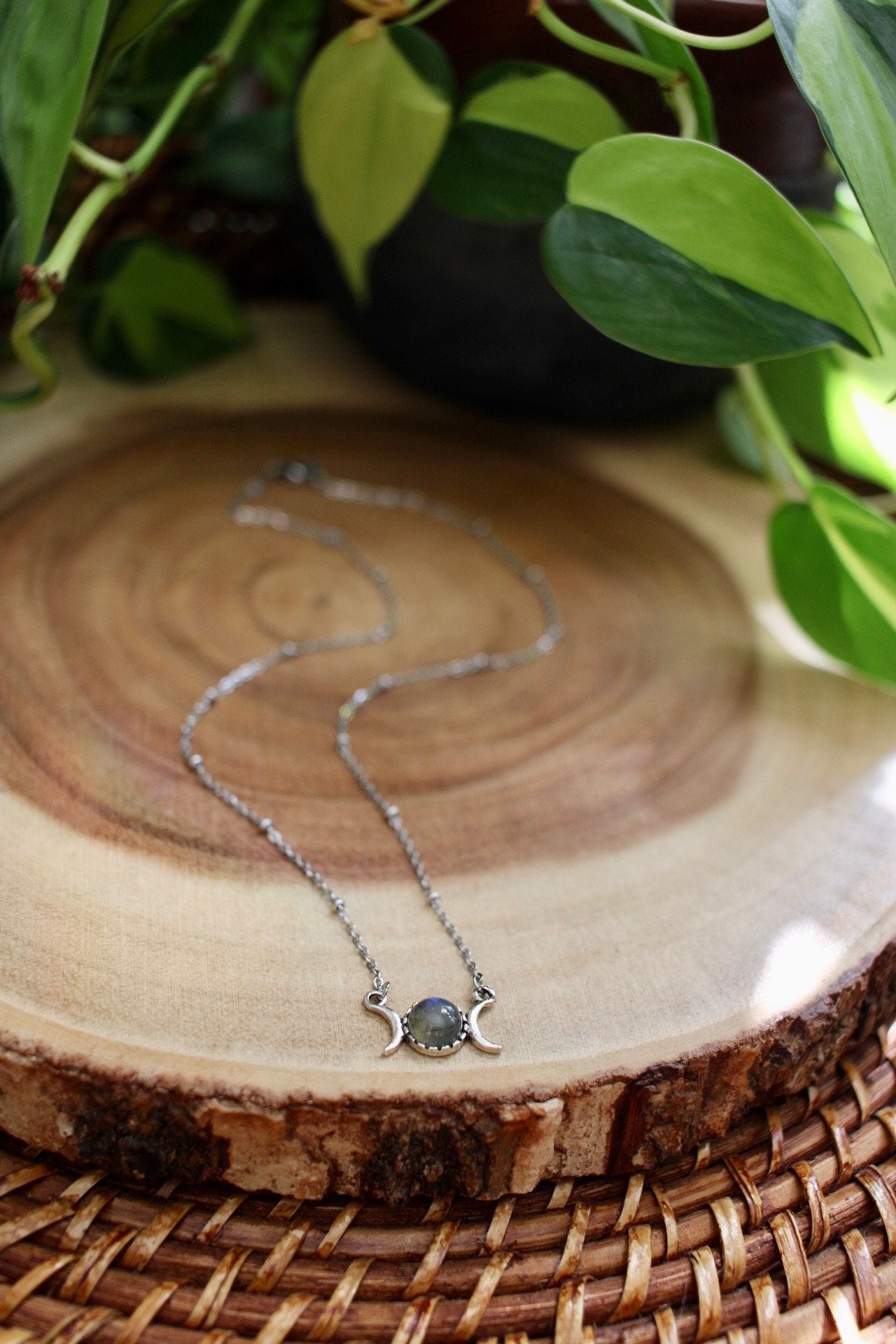 Dainty Triple Moon Labradorite Necklace