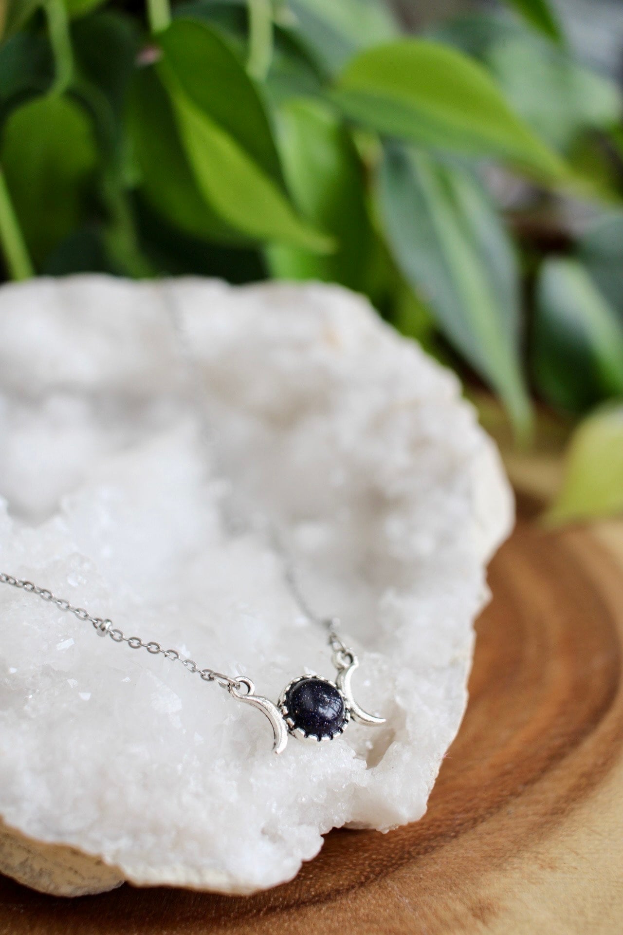 Dainty Triple Moon Blue Goldstone Necklace