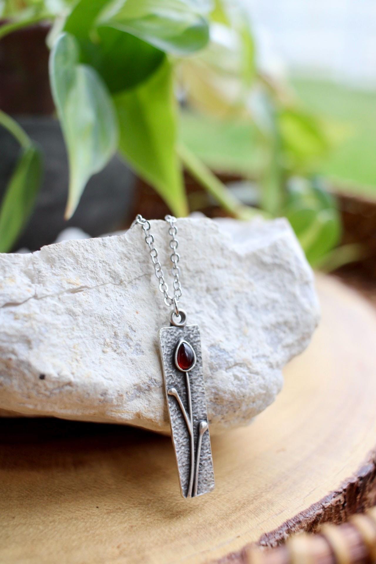 Silver Flower Garnet Necklace