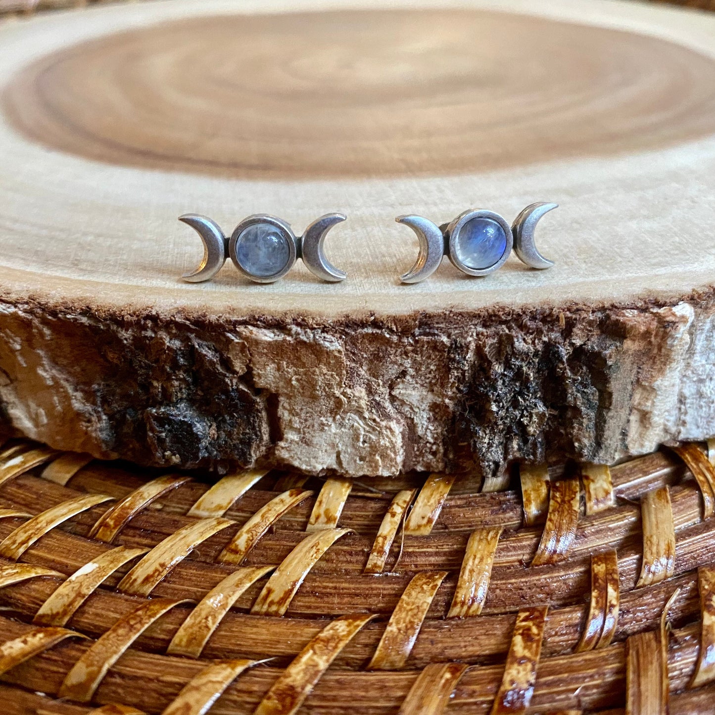 Moonstone Triple Moon Stud Earrings
