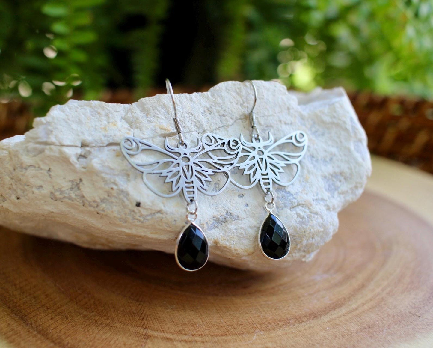 Black Onyx Moth Earrings