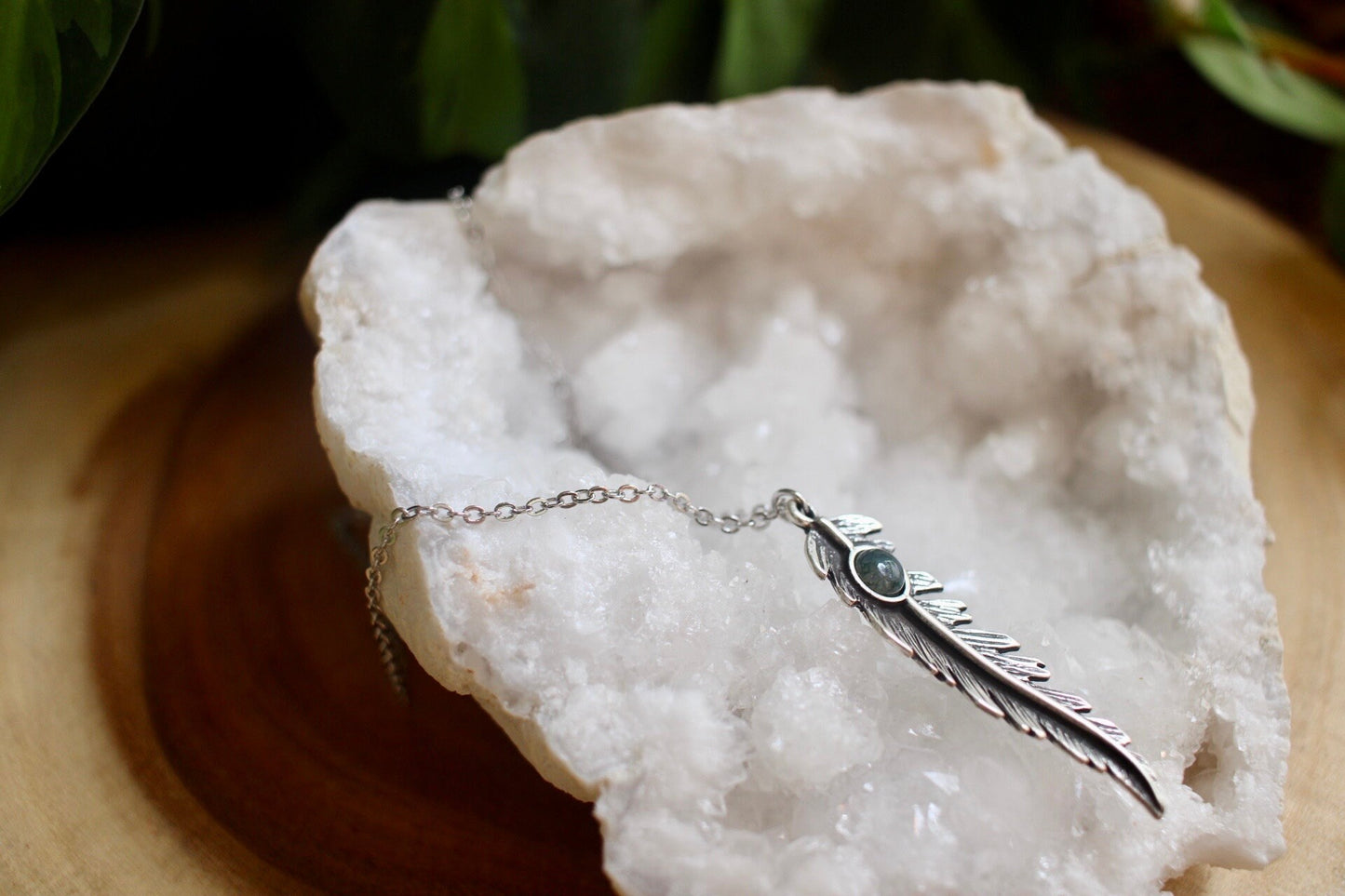 Moss Agate Feather Necklace