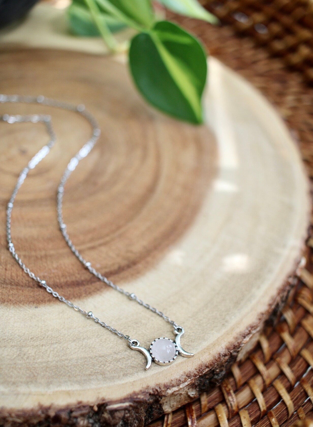 Dainty Rose Quartz Triple Moon Necklace