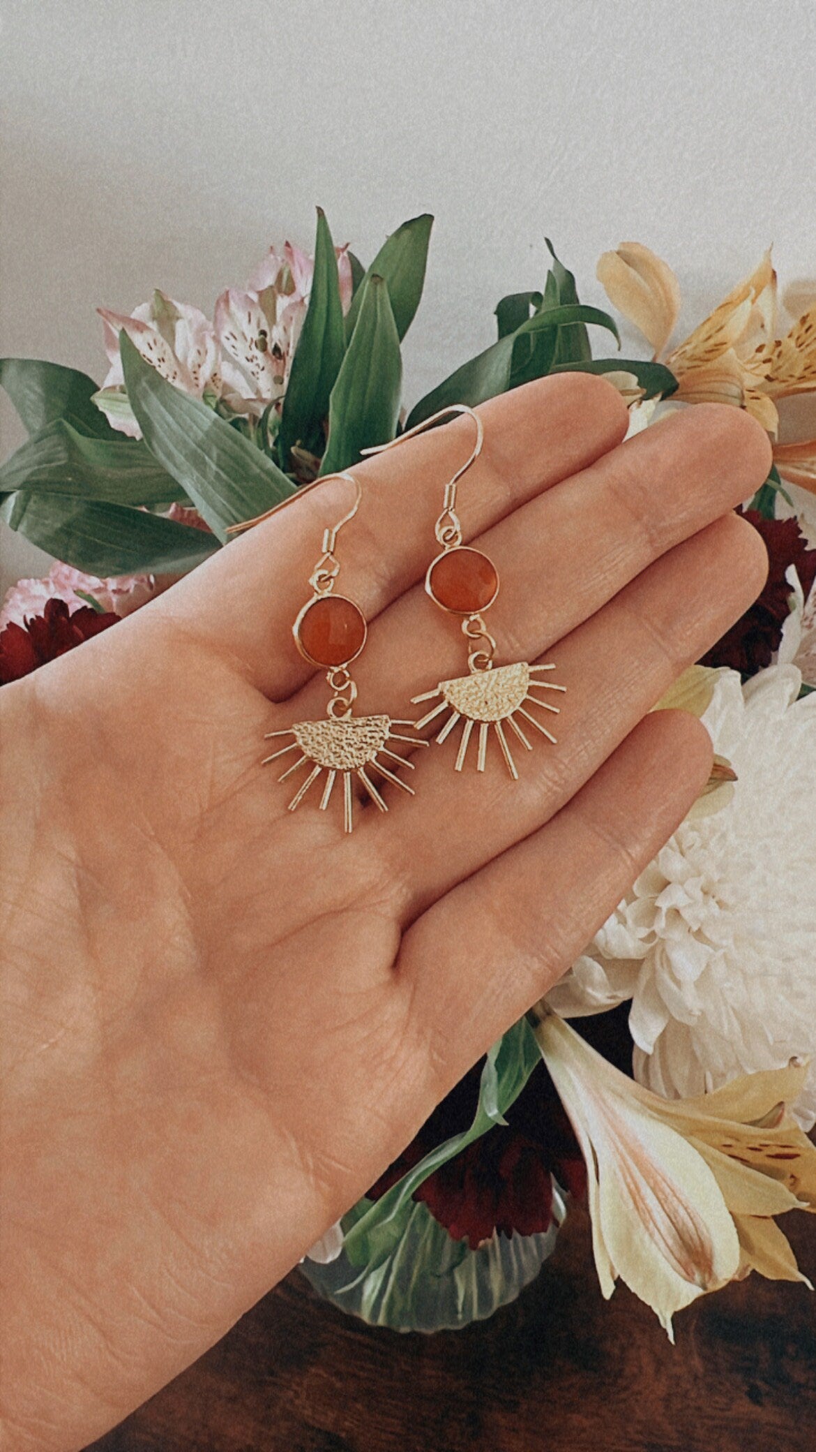 Carnelian Gold Sun Dangle Earrings