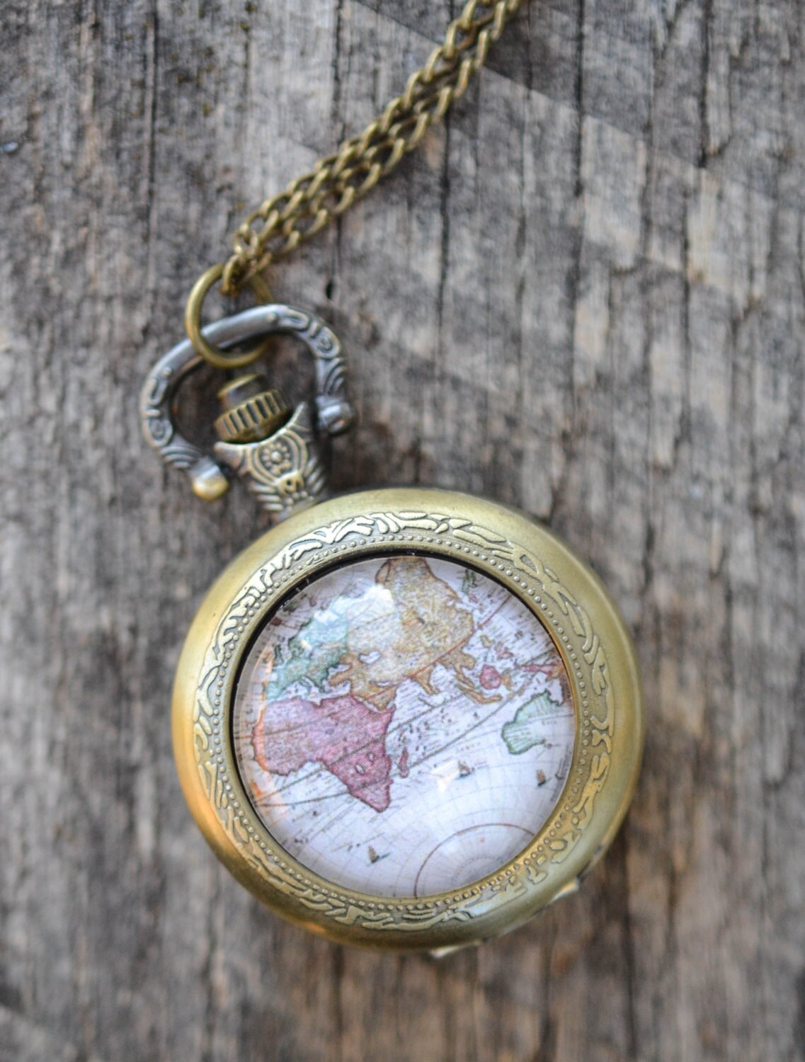 World Map Pocket Watch Necklace