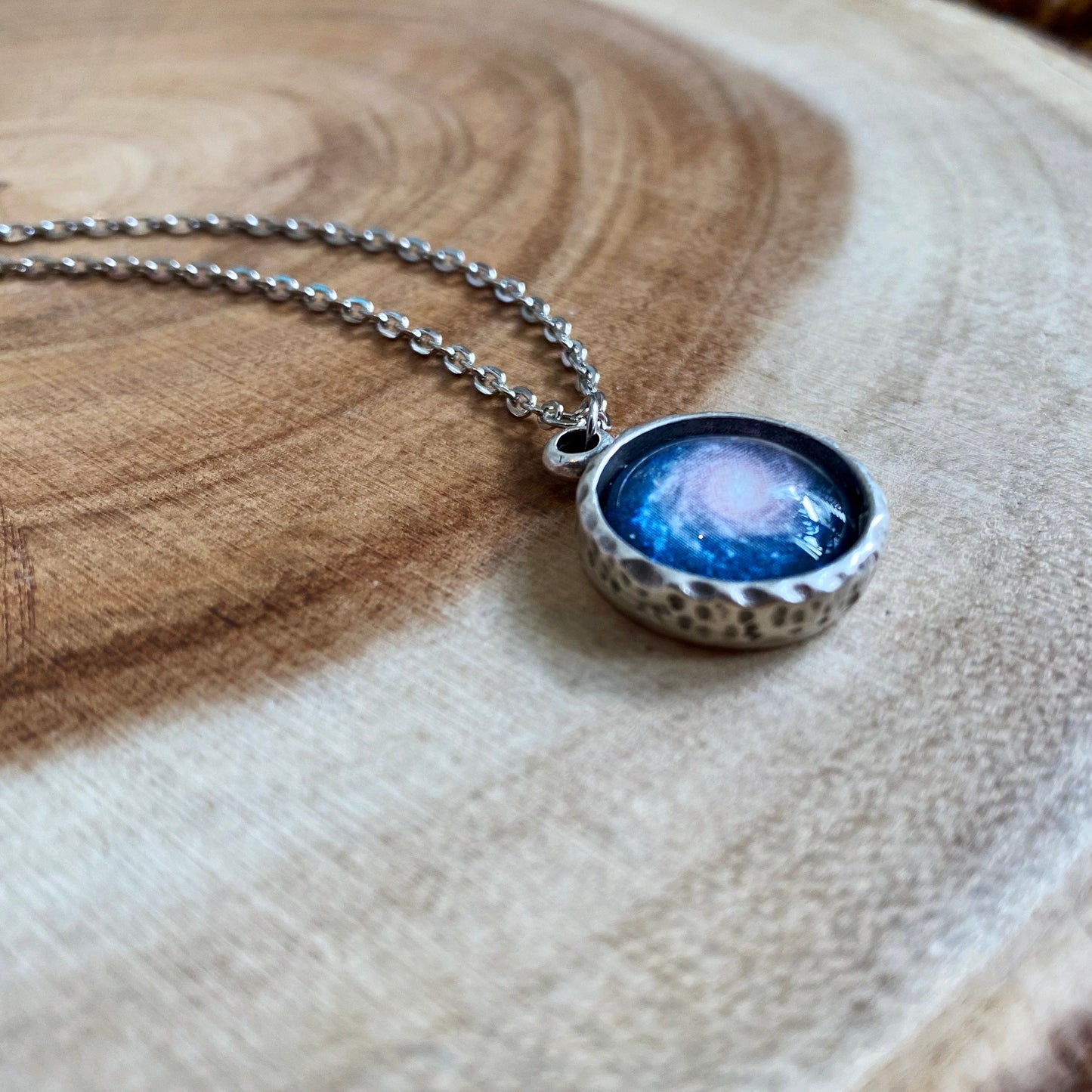 Blue Spiral Galaxy Pendant Necklace